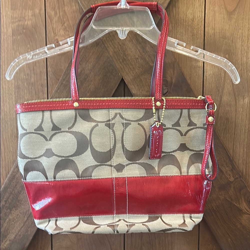 Coach Signature Canvas Tote Bag - Red and Tan